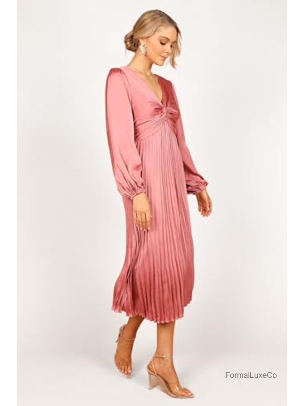 Petal & Pup Noelle Twist Front Pleated Midi Dress Long Sleeve V-Neck - Picture 2 of 5